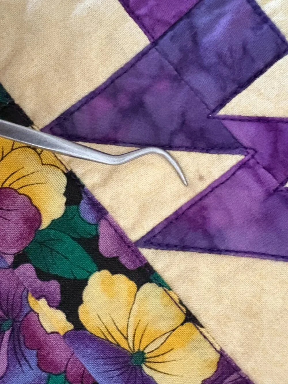 Table Runner Quilted Bear Paw Claw Star Purple Yellow Pansy Floral Handmade